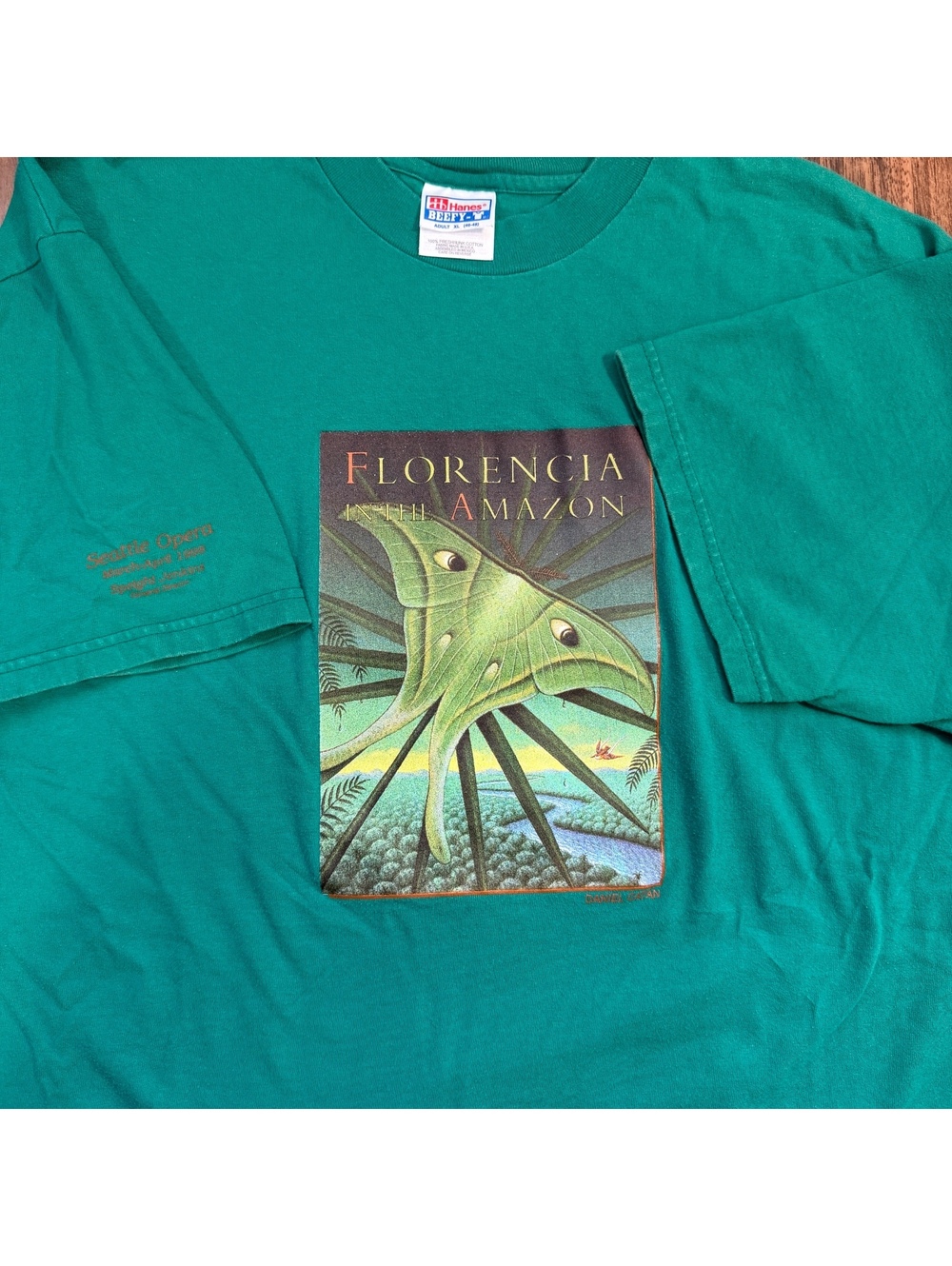 Vintage 90s Florencia In The Amazon T Shirt XL Teal Seattle Opera 1998 Moth
